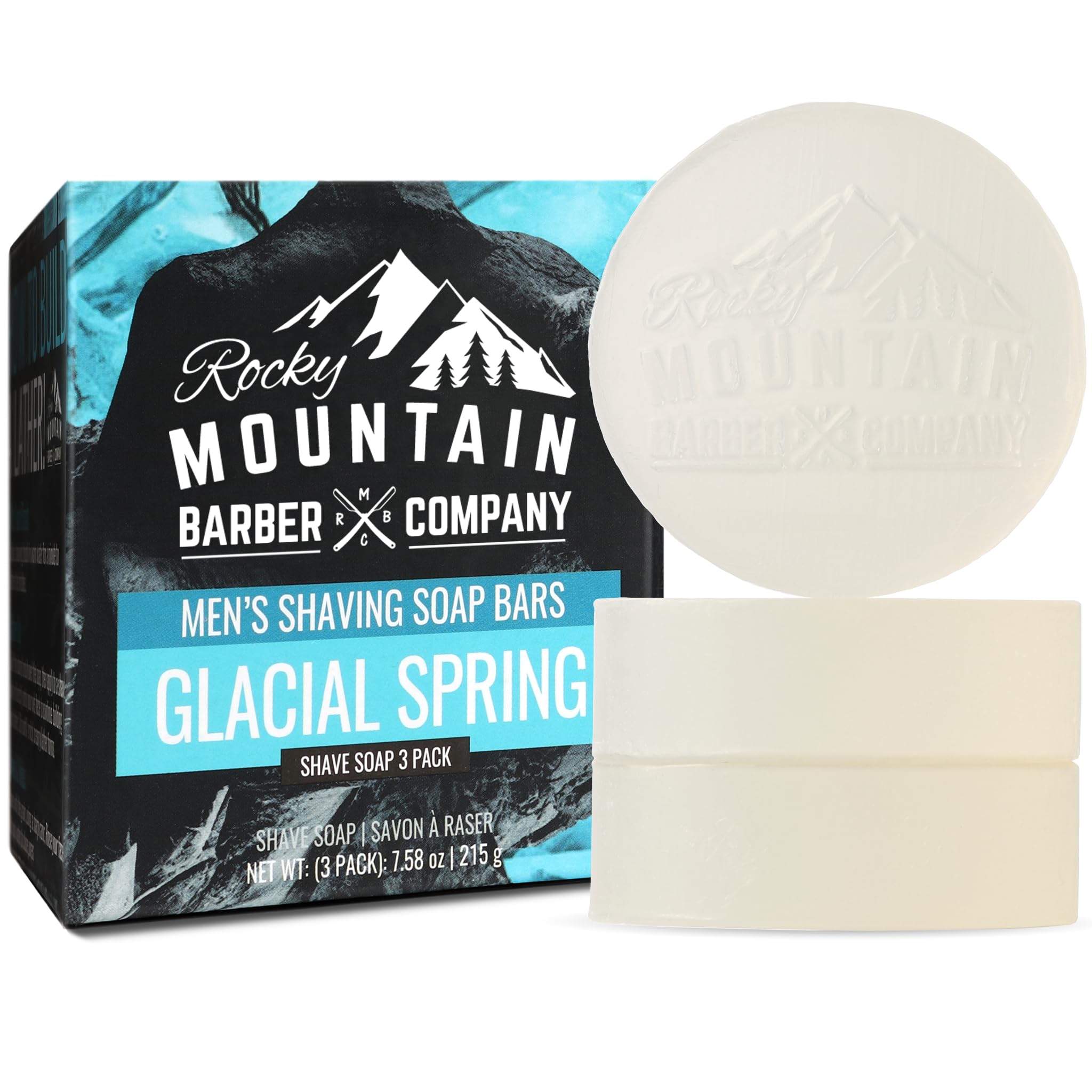 Rocky Mountain Barber Company Glacial Spring shave soap puck 1, rich lather potential.