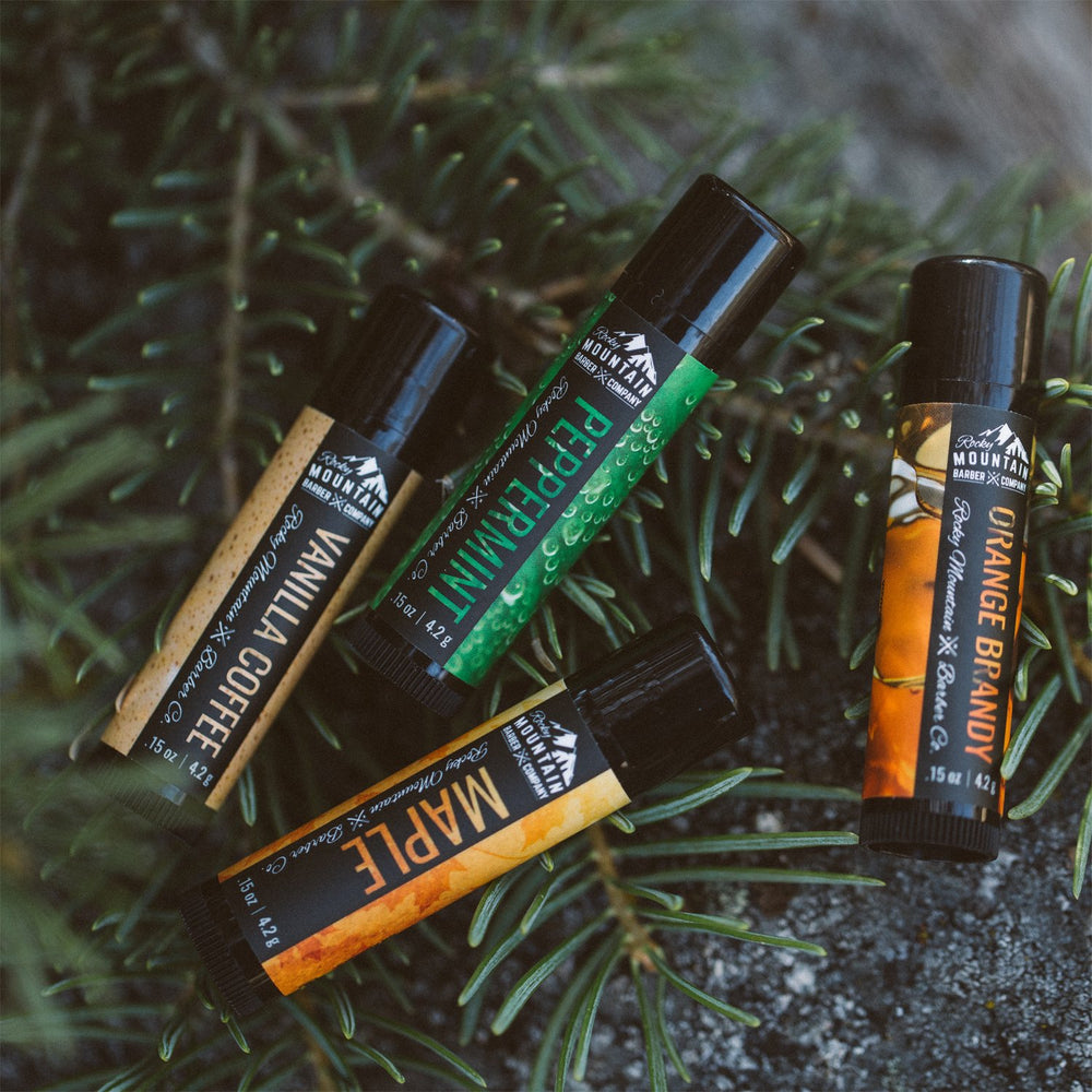 Rocky Mountain Barber lip balm display – natural textures and creamy, matte finish