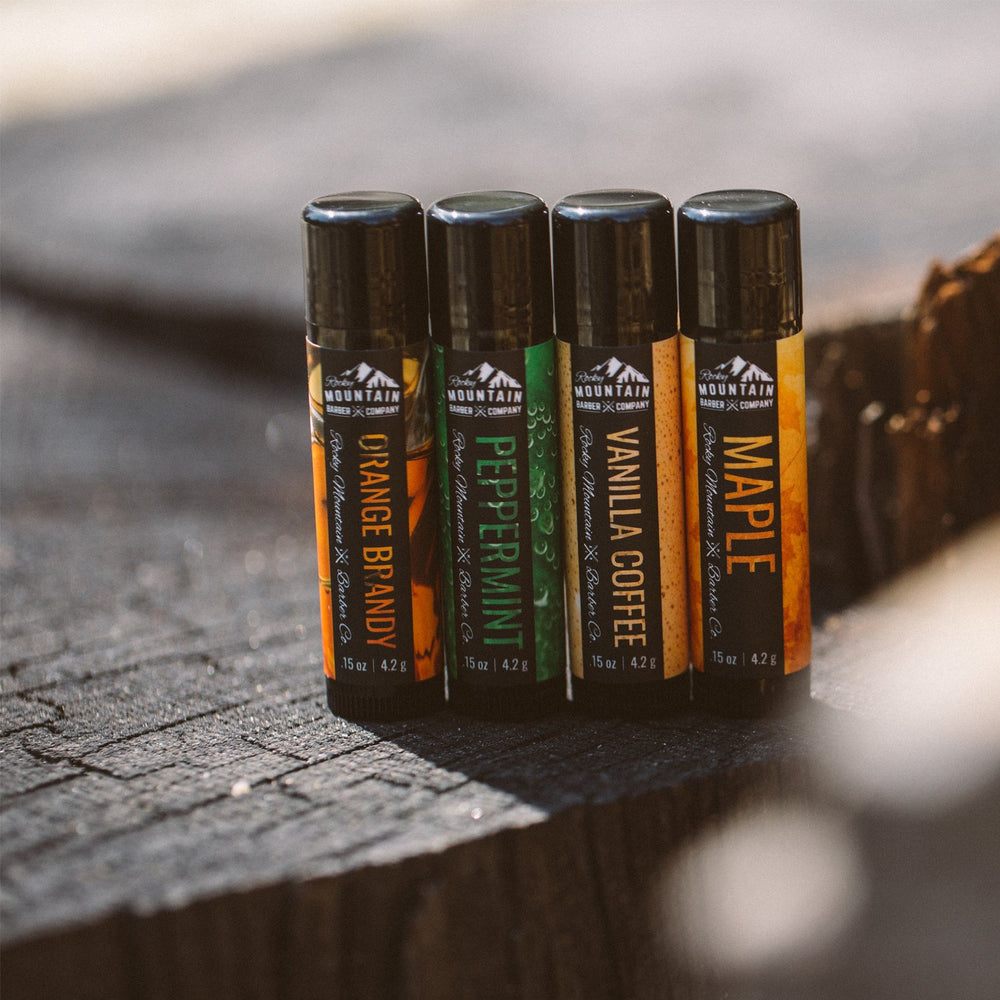 Rocky Mountain Barber peppermint lip balm tube – cool, refreshing feel and long-lasting moisture