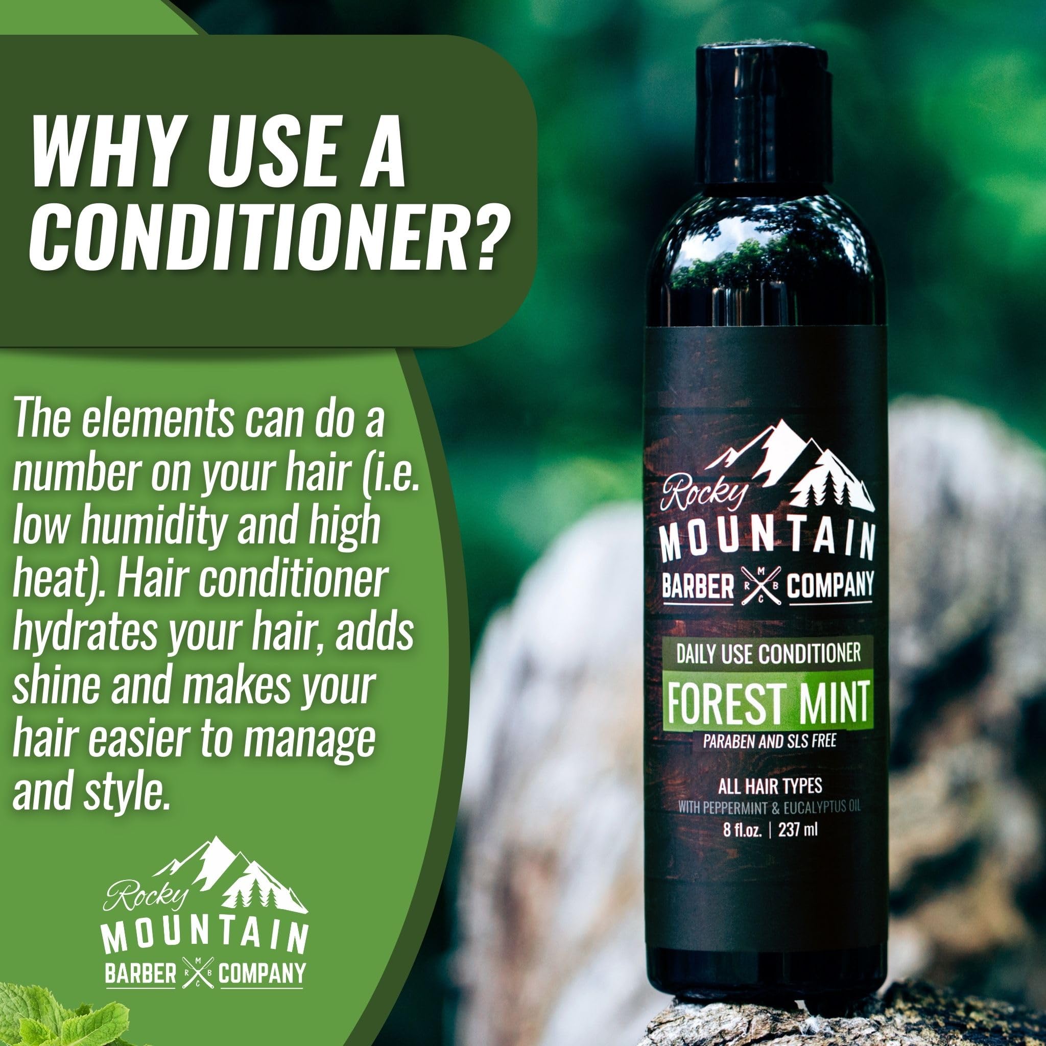 Rocky Mountain Barber Company conditioner 8oz packaging shows compact bottle design.