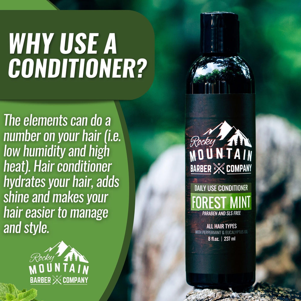 Rocky Mountain Barber Company conditioner 8oz packaging shows compact bottle design.
