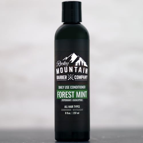 Rocky Mountain Barber Company conditioner bottle closeup label emphasizes natural ingredients.