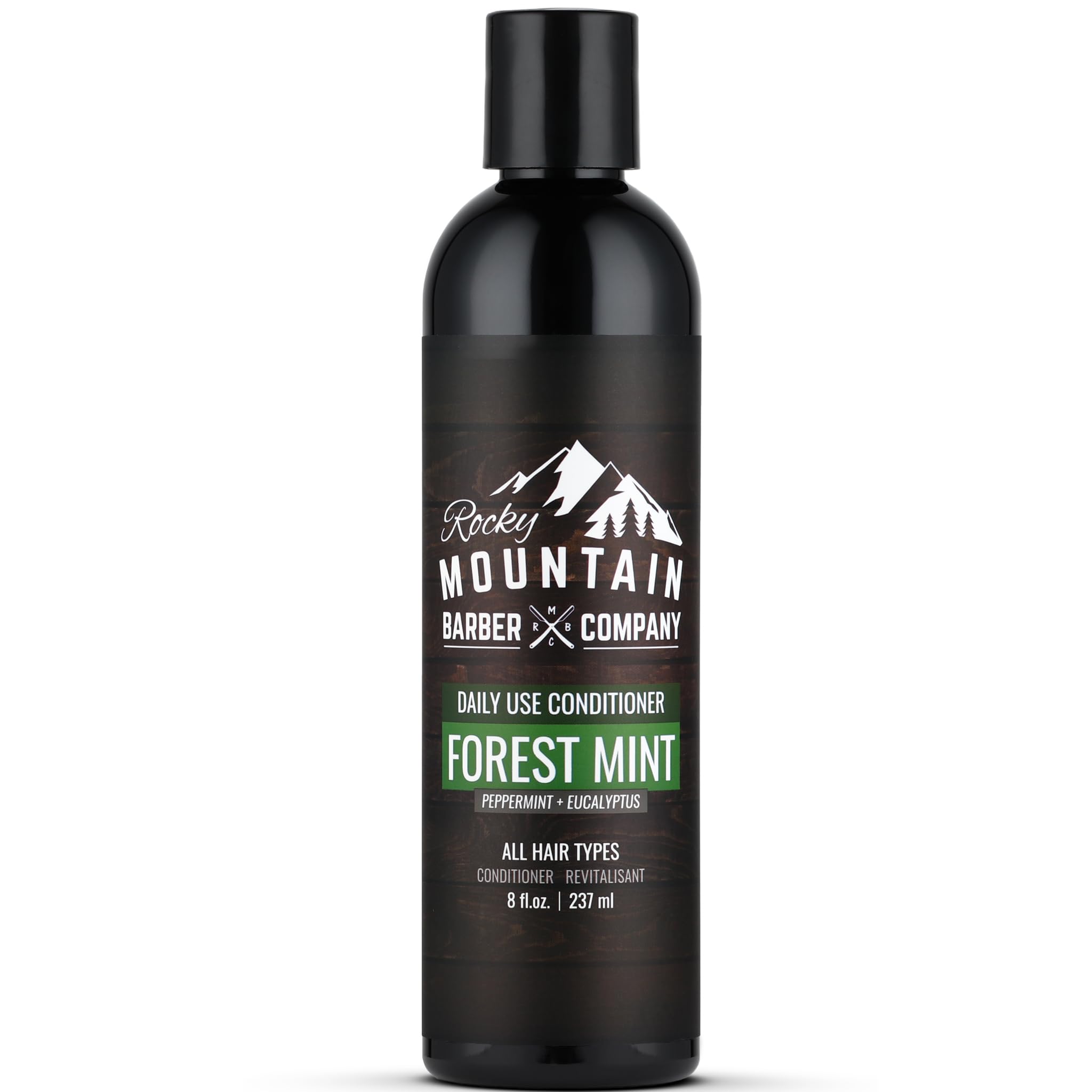 Rocky Mountain Barber Company conditioner bottle pour highlights refreshing tea tree infusion for hydrated hair.
