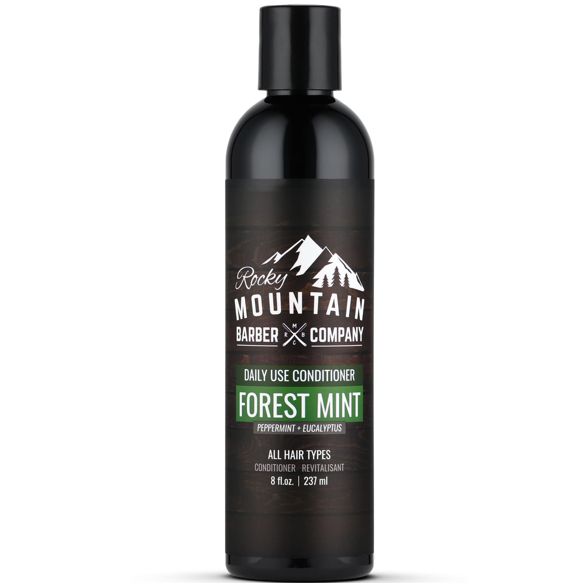 Rocky Mountain Barber Company conditioner bottle pour highlights refreshing tea tree infusion for hydrated hair.