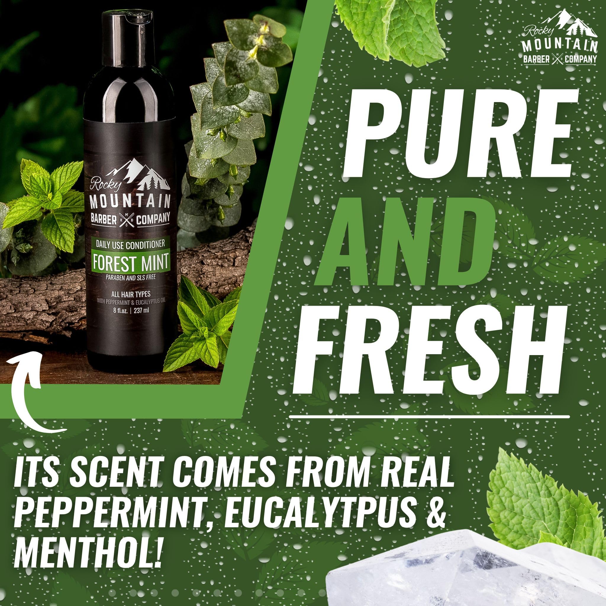 Rocky Mountain Barber Company conditioner lifestyle male grooming evokes refreshed look.