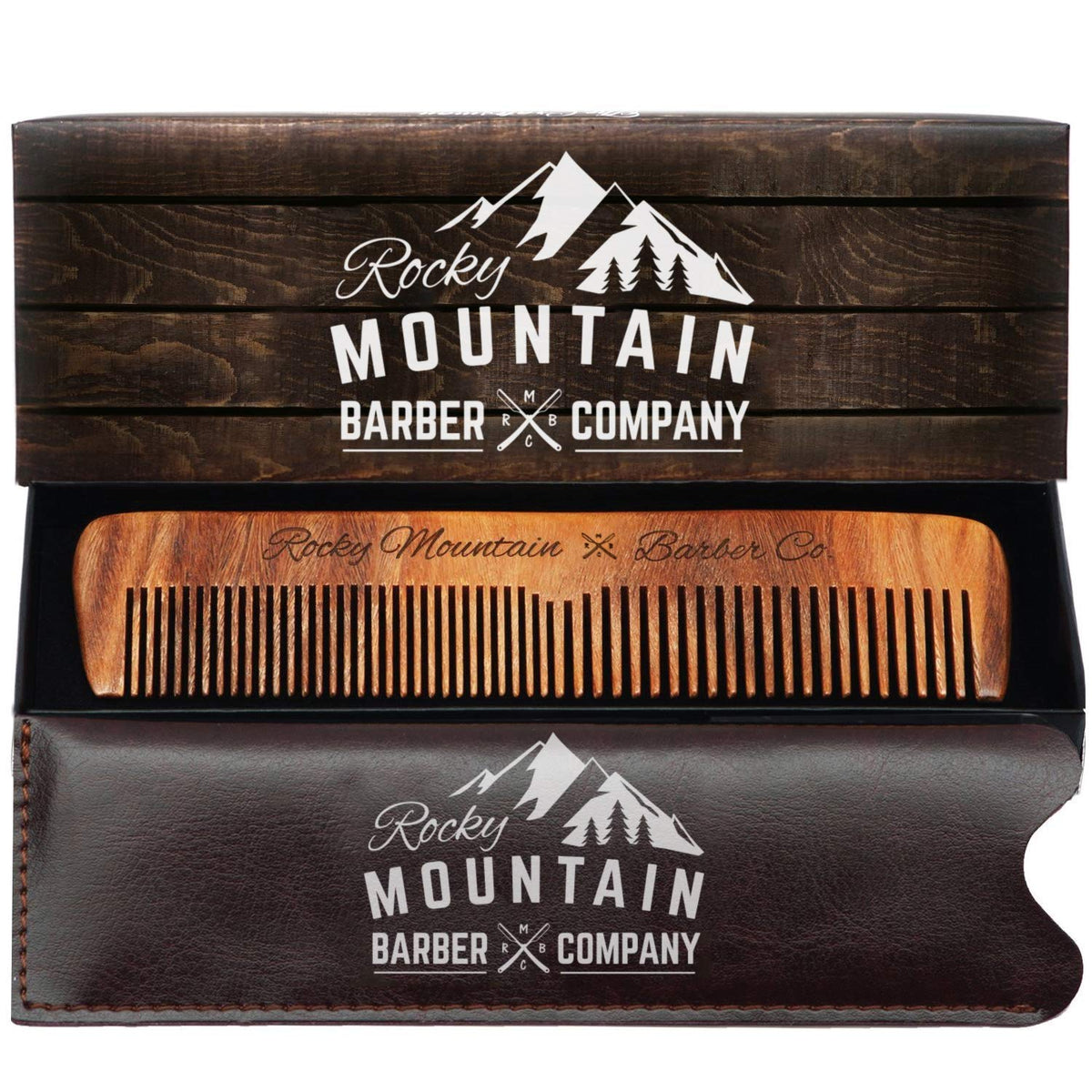 Rocky Mountain Barber Company wood hair comb in natural finish for smooth styling.