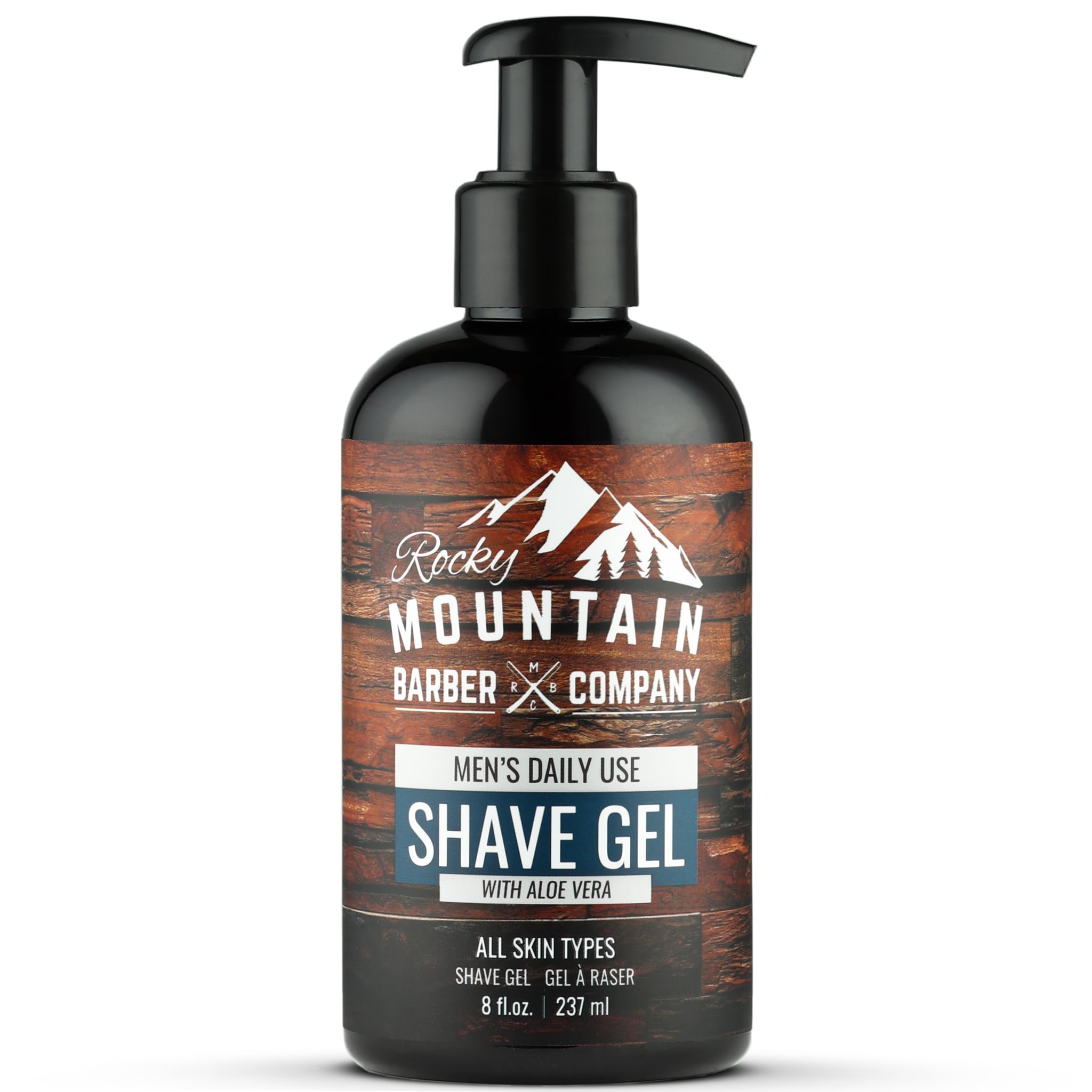Rocky Mountain Barber Company men's shave gel with pump-cap for easy dispensing.