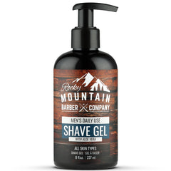 Rocky Mountain Barber Company men's shave gel with pump-cap for easy dispensing.
