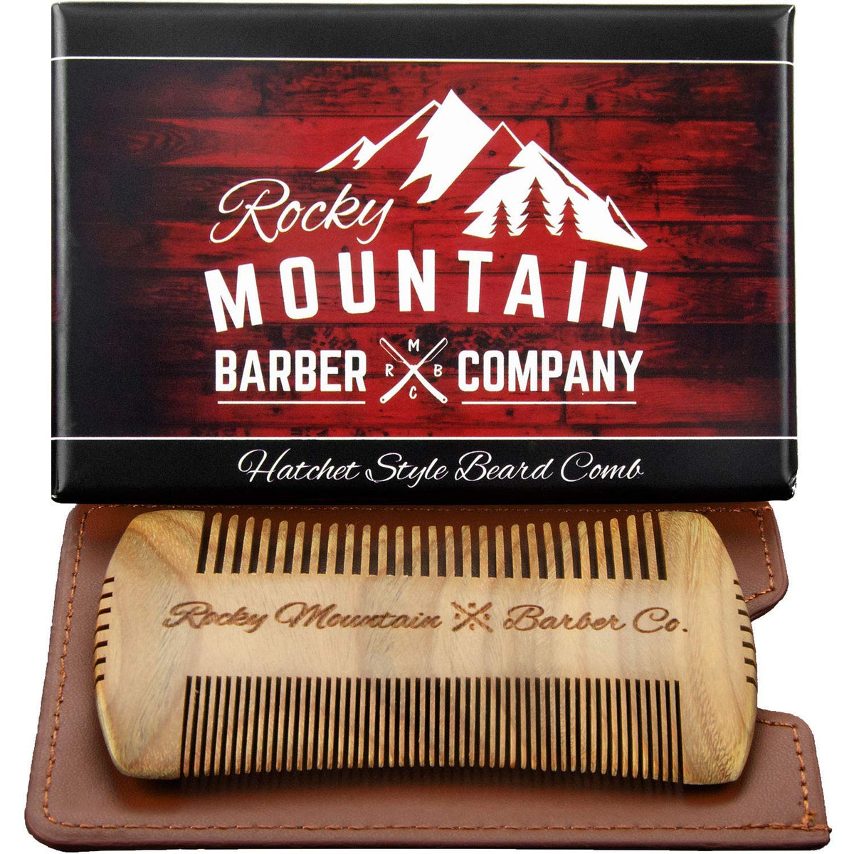 Rocky Mountain Barber sandalwood beard comb hatchet style for precise grooming and anti-static feel.