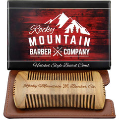 Rocky Mountain Barber sandalwood beard comb hatchet style for precise grooming and anti-static feel.