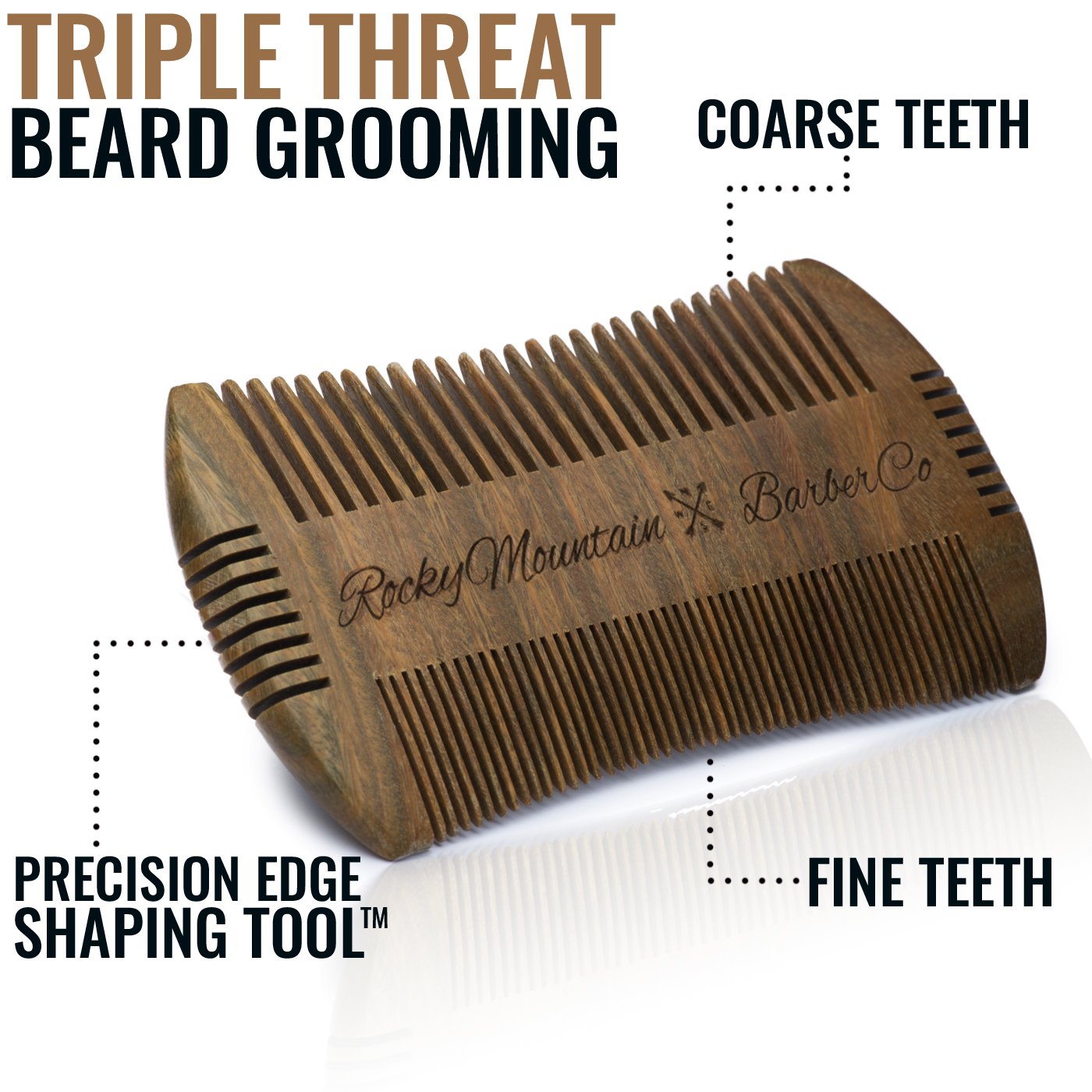 Rocky Mountain Barber sandalwood beard comb with wide teeth for thick or long beards.
