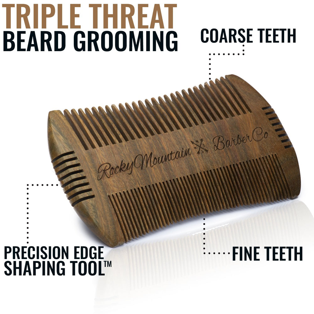 Rocky Mountain Barber sandalwood beard comb with wide teeth for thick or long beards.