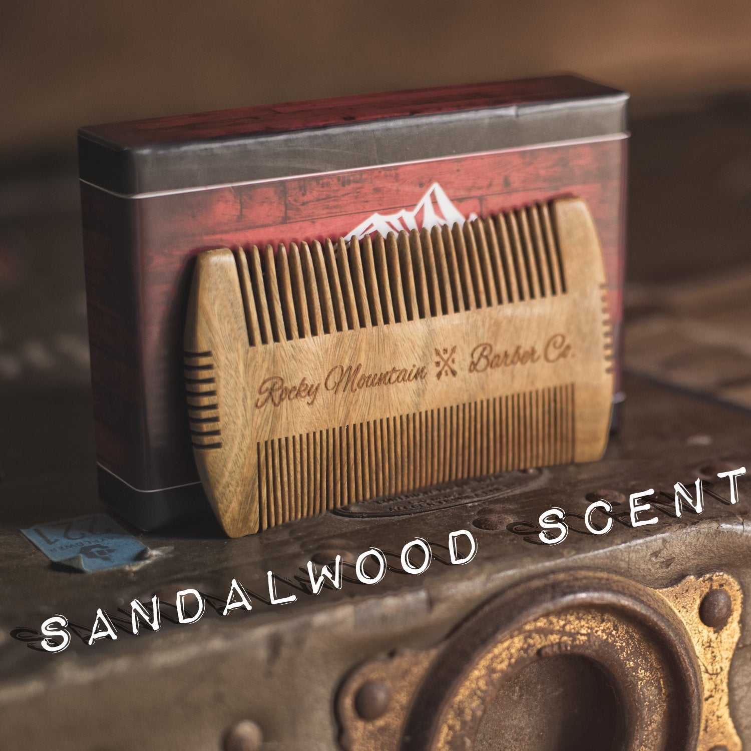 Rocky Mountain Barber sandalwood packaging box presents as a premium grooming accessory.