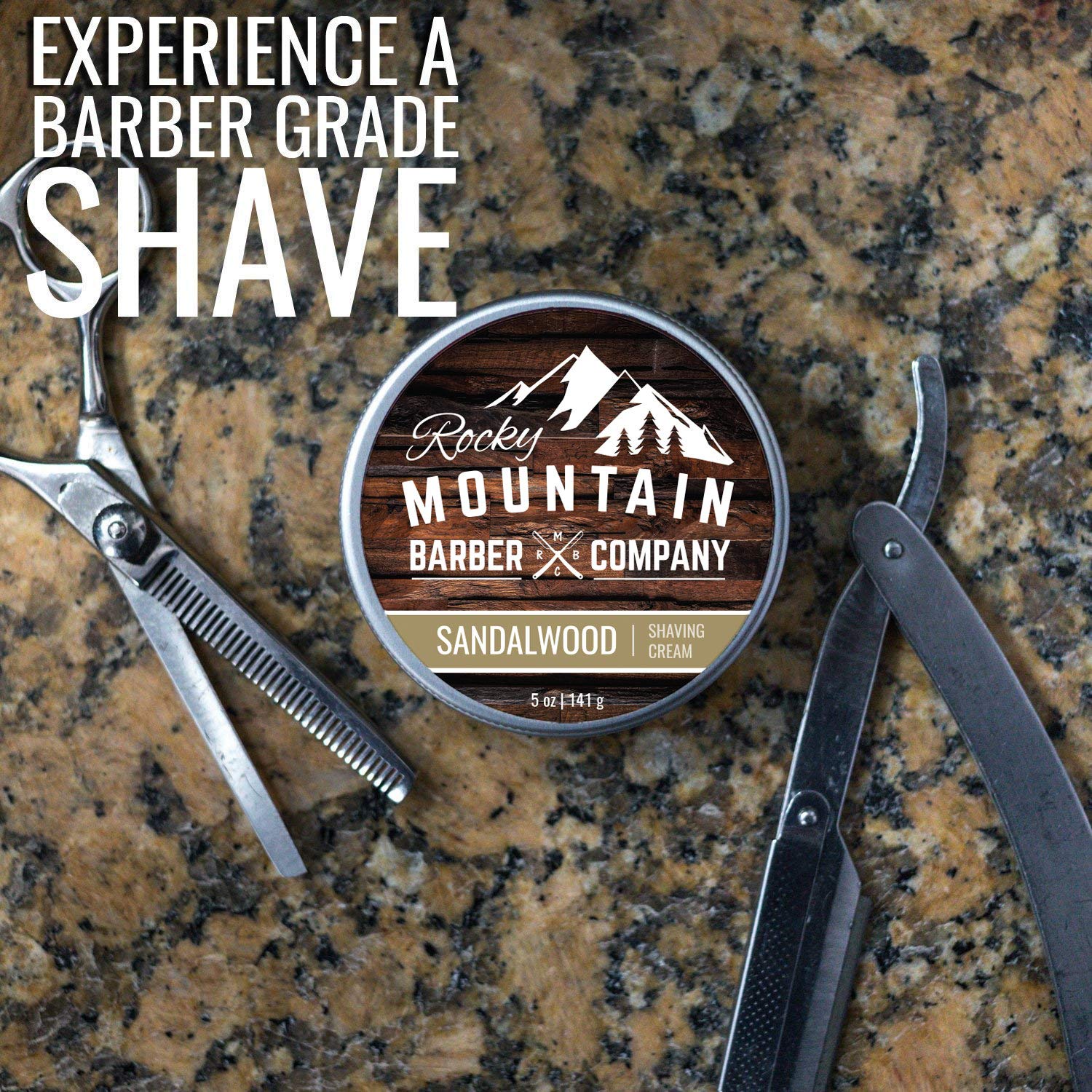 Rocky Mountain Barber sandalwood scent setup suggests a calming grooming ritual