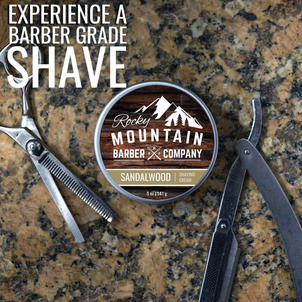 Rocky Mountain Barber sandalwood scent setup suggests a calming grooming ritual