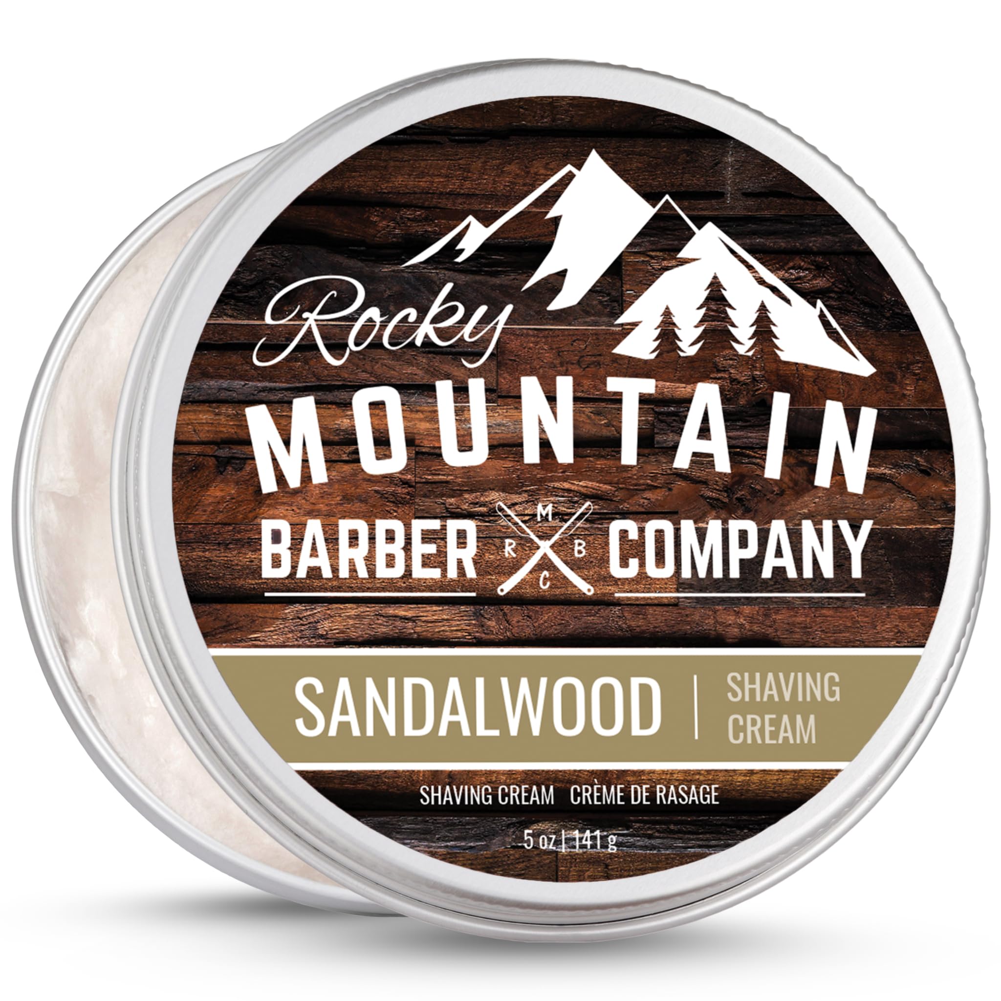 Rocky Mountain Barber sandalwood shaving cream tin ready for a thick lather