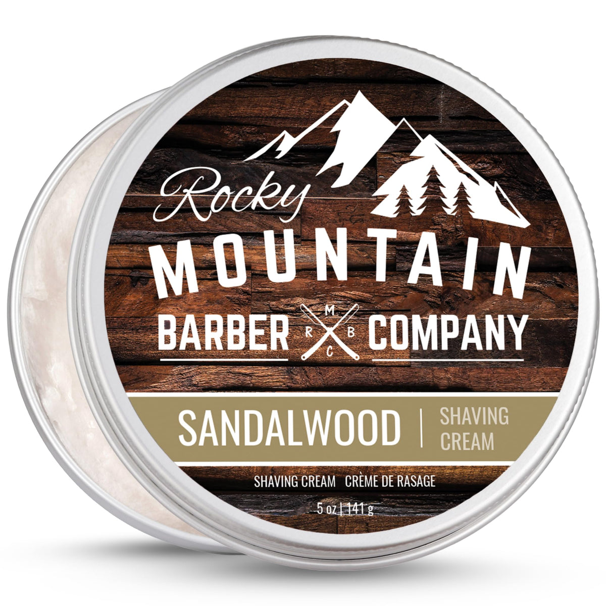 Rocky Mountain Barber sandalwood shaving cream tin ready for a thick lather