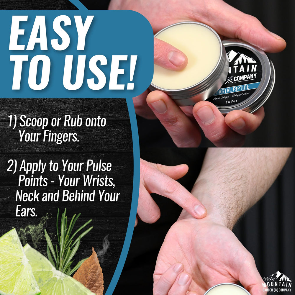 Rocky Mountain Barber Company solid cologne coastal riptide leak-proof tin