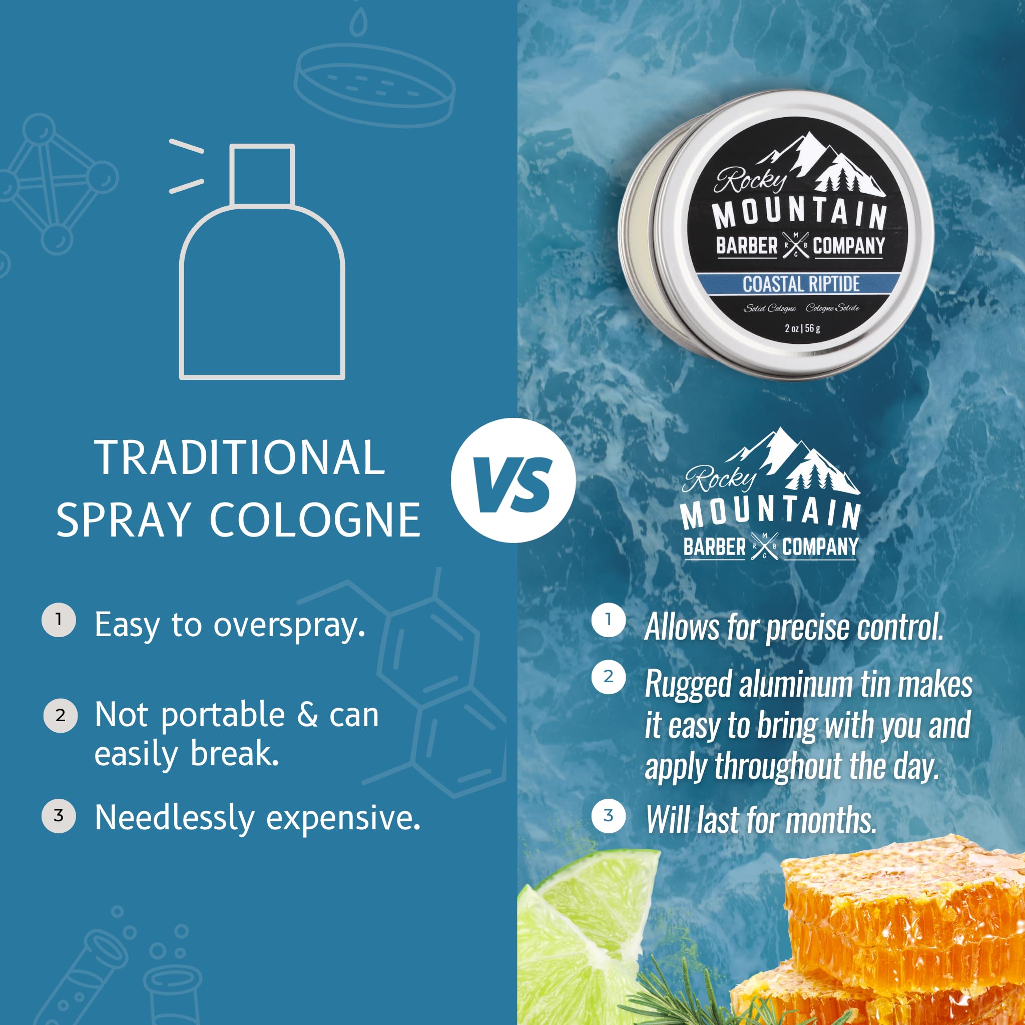 Rocky Mountain Barber Company solid cologne coastal riptide packaging, premium grooming ritual