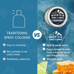 Rocky Mountain Barber Company solid cologne coastal riptide packaging, premium grooming ritual