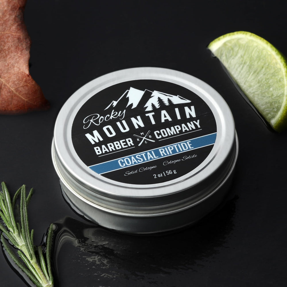 Rocky Mountain Barber Company solid cologne coastal riptide texture closeup, easy scoop-and-apply