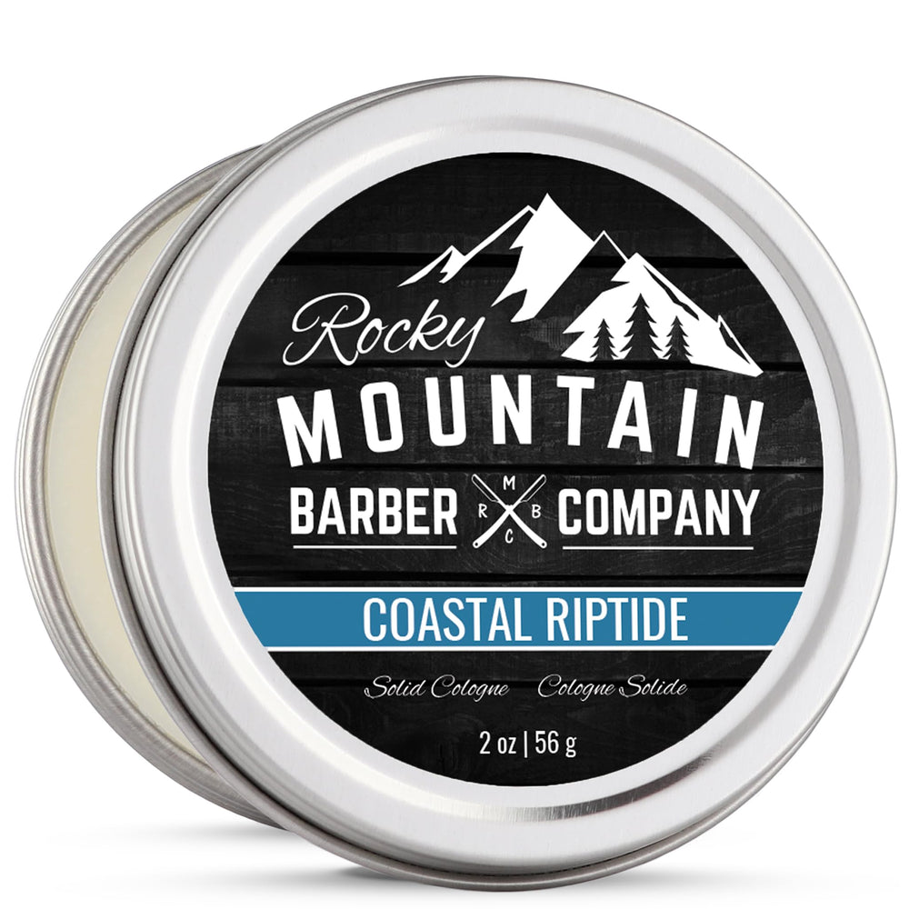 Rocky Mountain Barber Company solid cologne coastal riptide tin, portable long lasting fragrance