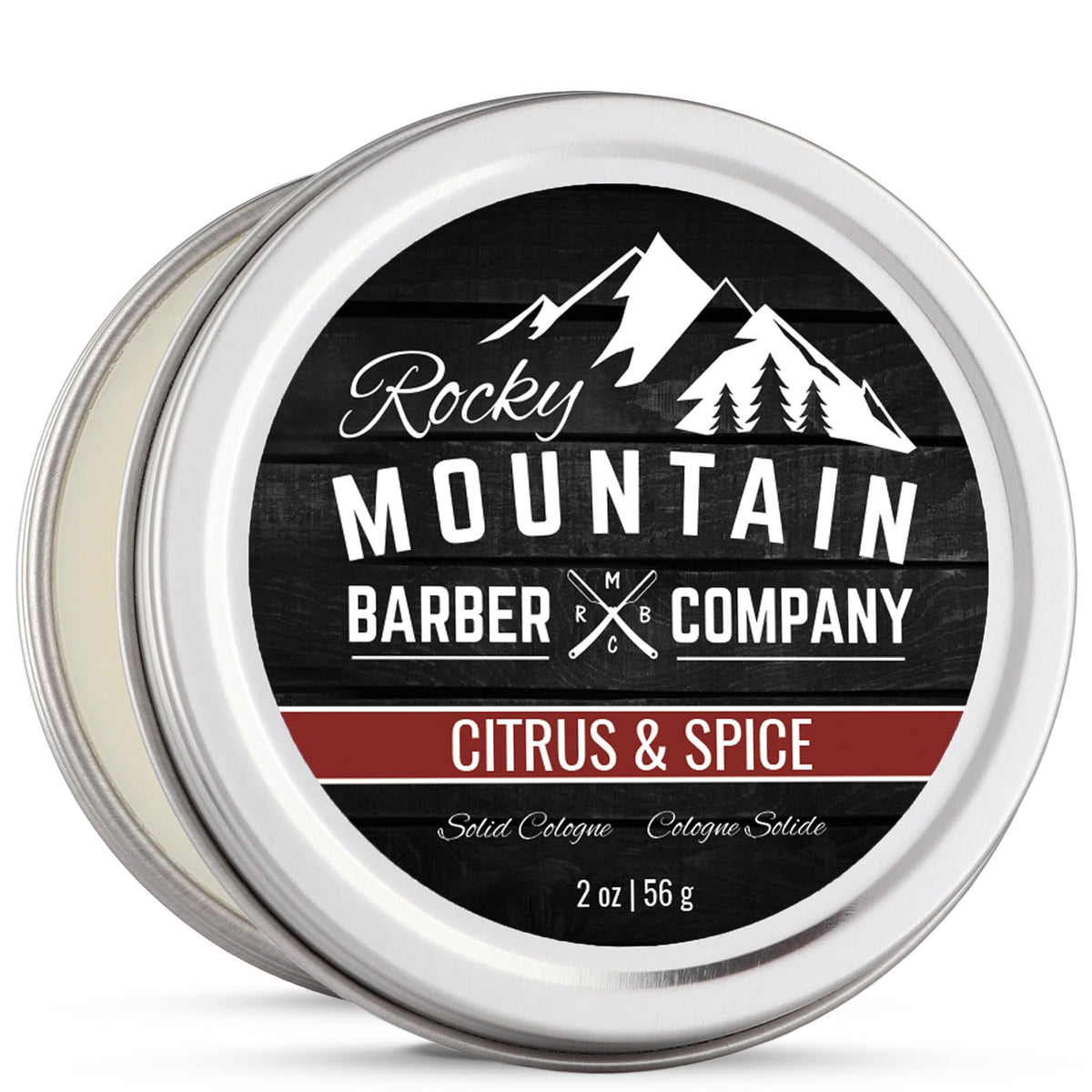 Rocky Mountain Barber solid cologne tin close-up for precise pulse point application