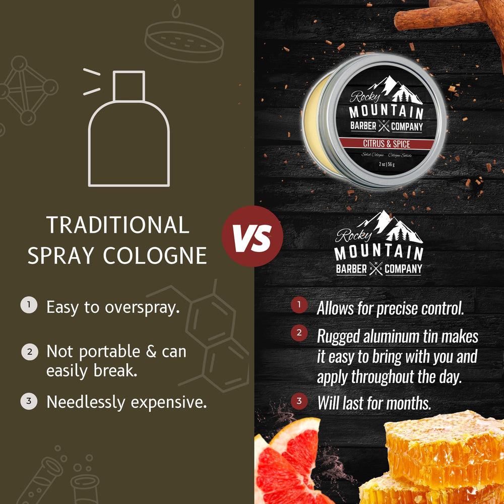 Rocky Mountain Barber solid cologne tin packaging shown for travel friendly design
