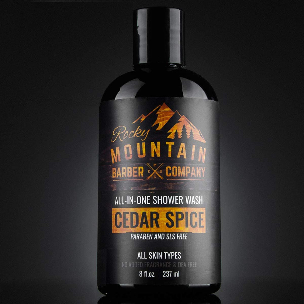 Rocky Mountain Cedar Spice beard-wash image emphasizes beard conditioning and control.