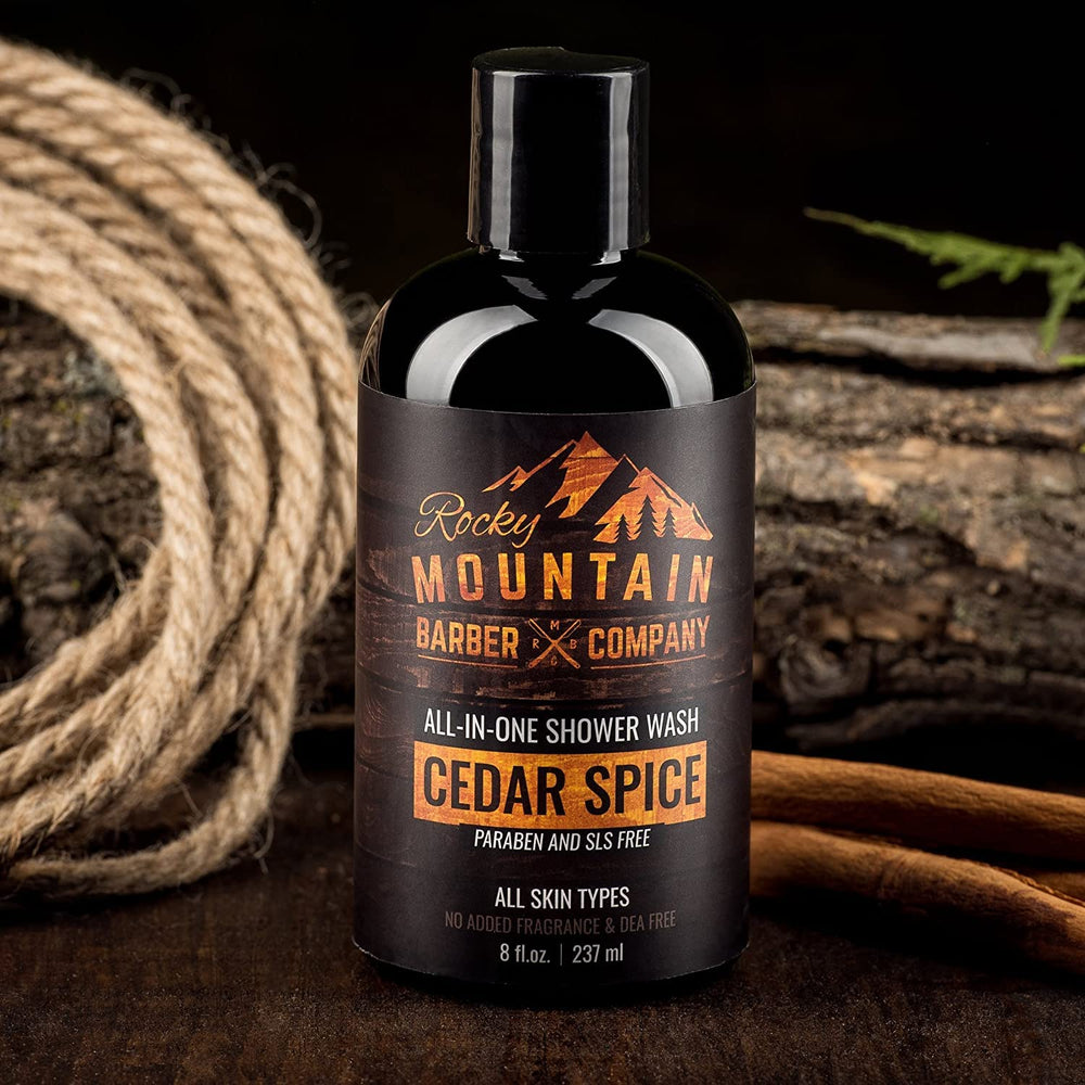 Rocky Mountain Cedar Spice hair-wash showcases targeted scalp cleansing and hair softness.