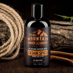 Rocky Mountain Cedar Spice hair-wash showcases targeted scalp cleansing and hair softness.