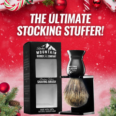 Rocky Mountain Barber 100% best badger hair closeup emphasizes premium shaving quality.