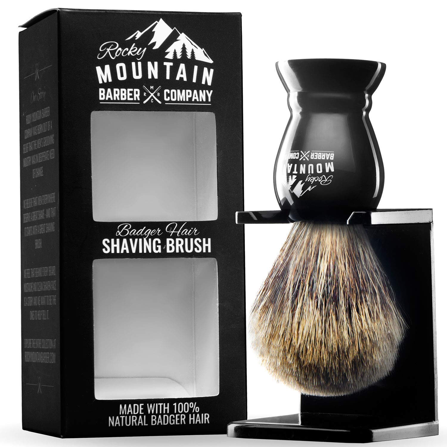 Rocky Mountain Barber brush head closeup with premium badger bristles for rich lather.