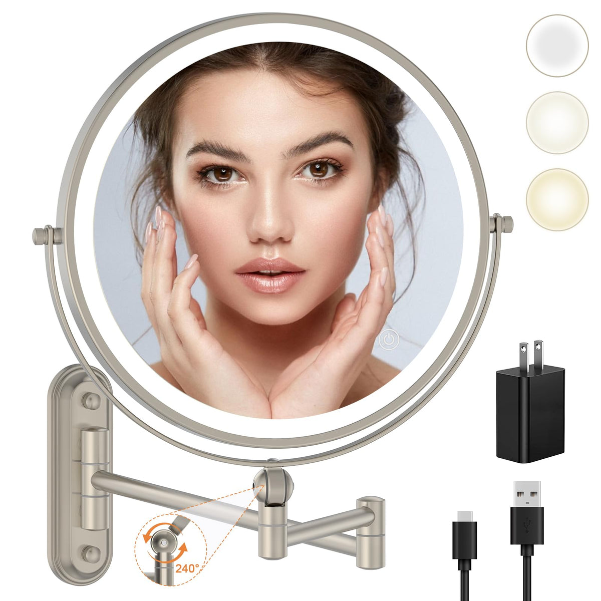 Rocollos 9in wall-mounted makeup mirror front view shows clear reflection for precise makeup