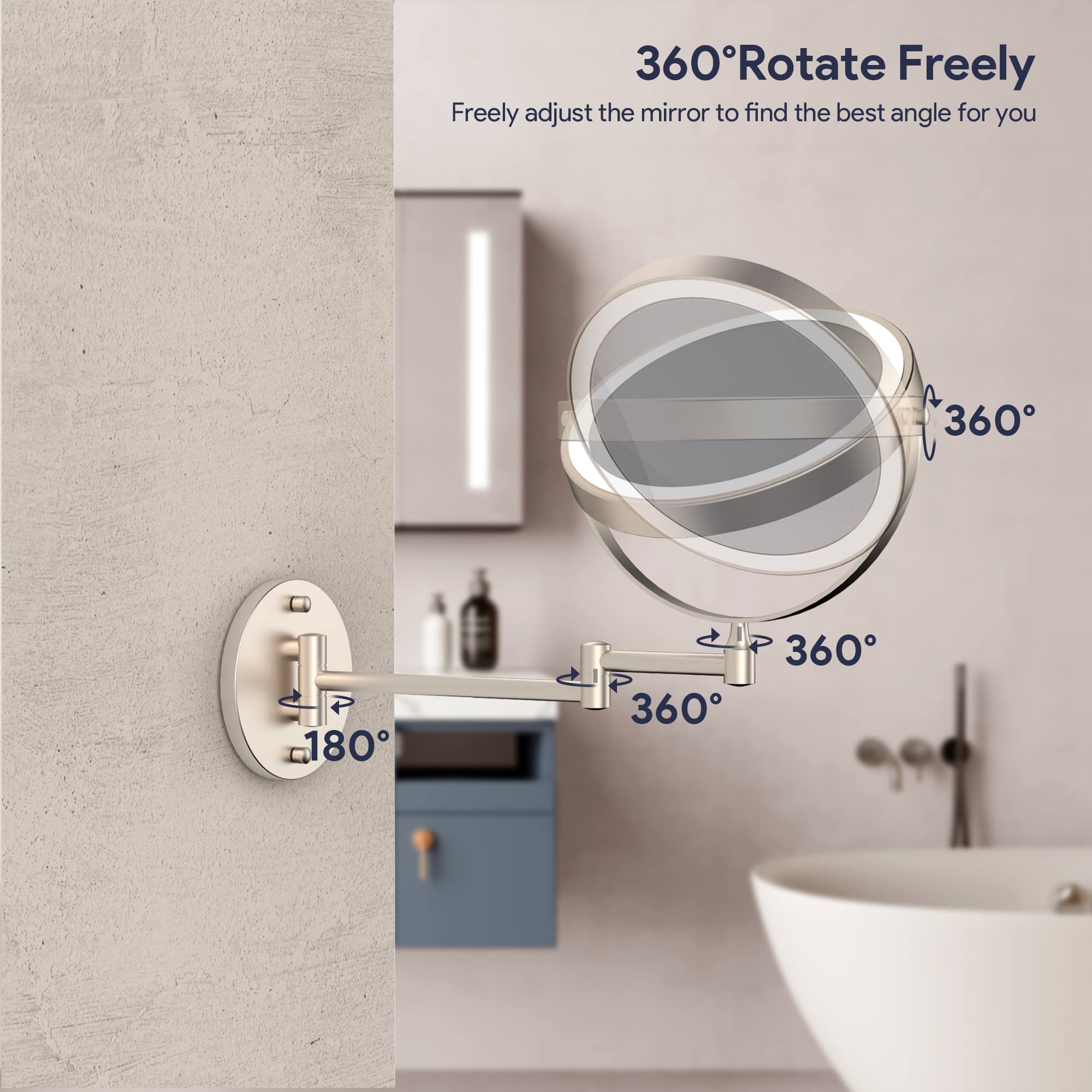 Rocollos rechargeable mirror mounted on wall showing cable-free look