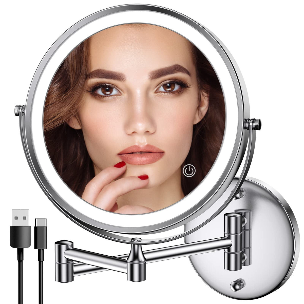 Rocollos rechargeable wall-mounted makeup mirror front view in chrome with adjustable lighting for everyday makeup.
