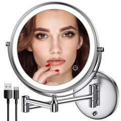 Rocollos rechargeable wall-mounted makeup mirror front view in chrome with adjustable lighting for everyday makeup.