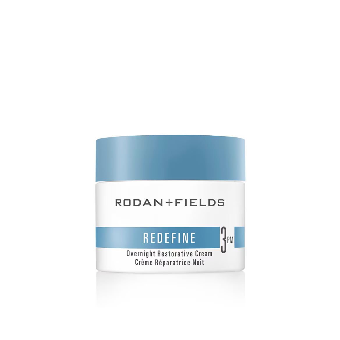 RODAN + FIELDS Redefine Overnight Restorative Cream bottle demonstrates night-time firming benefits.