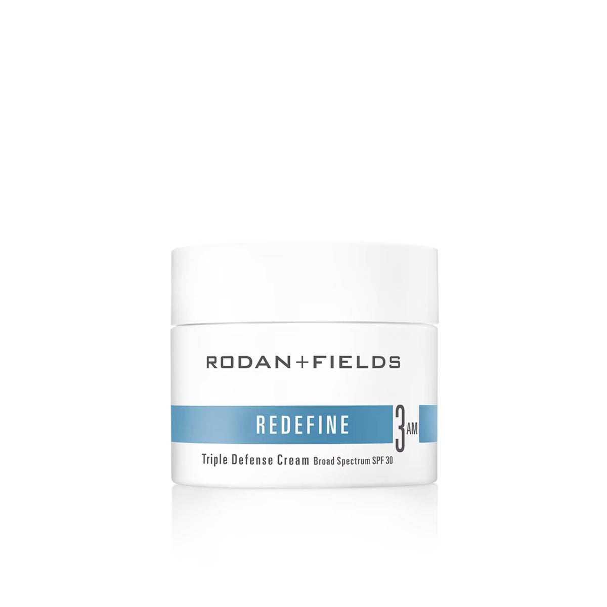 RODAN + FIELDS redefine triple defense cream bottle shows daily moisturizer with SPF 30.