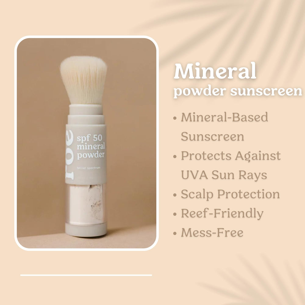 Roe Wellness Kids SPF50 brush-on powder bottle back highlights clean, paraben-free ingredients