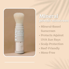 Roe Wellness Kids SPF50 brush-on powder bottle back highlights clean, paraben-free ingredients