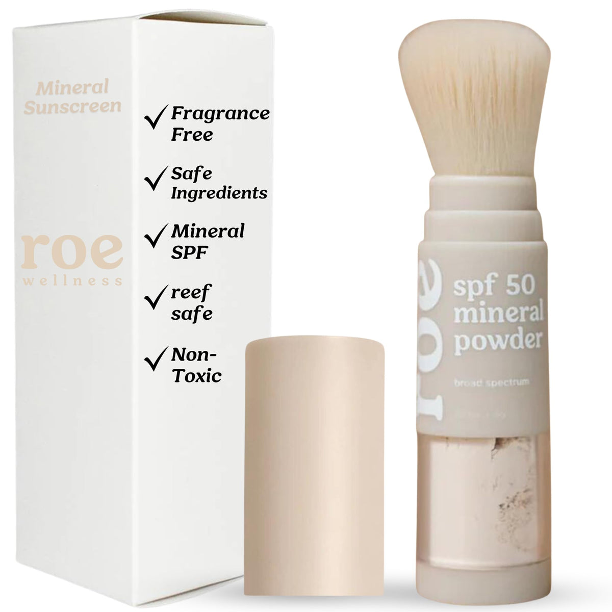Roe Wellness Kids SPF50 brush-on powder bottle front shows reef-safe mineral sunscreen for quick protection