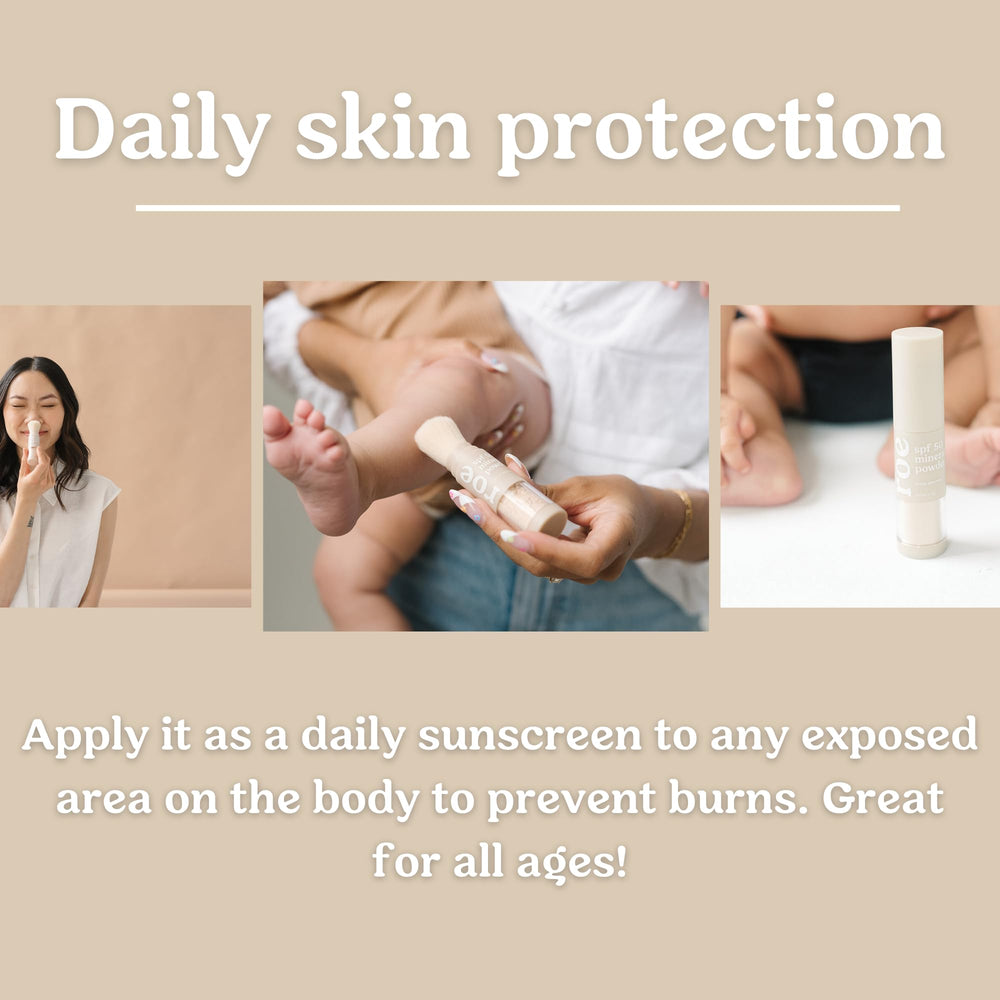 Roe Wellness Kids SPF50 brush-on powder kids hands demonstrating quick, mess-free reapplication