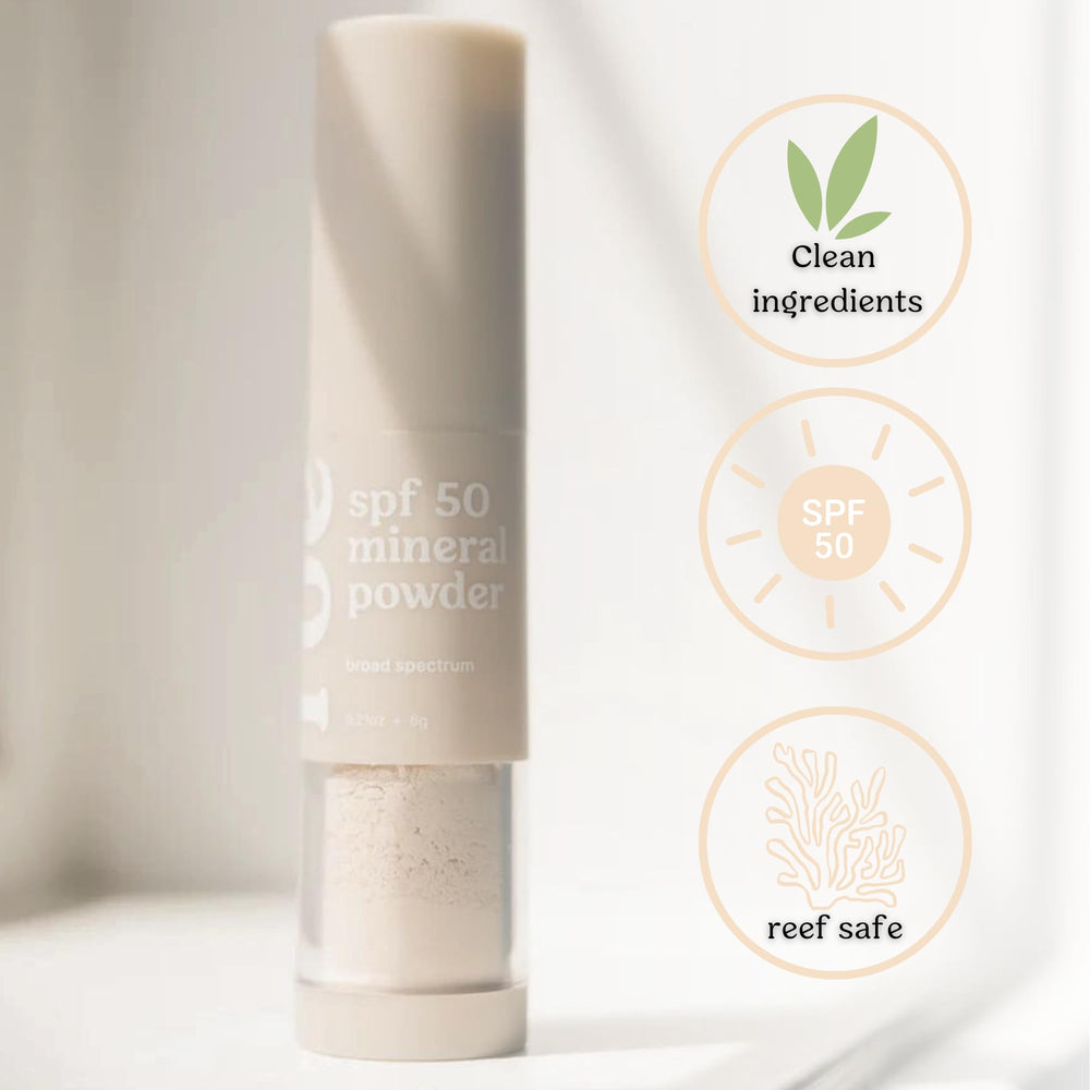 Roe Wellness Kids SPF50 brush-on powder packaging highlights compact travel-friendly design