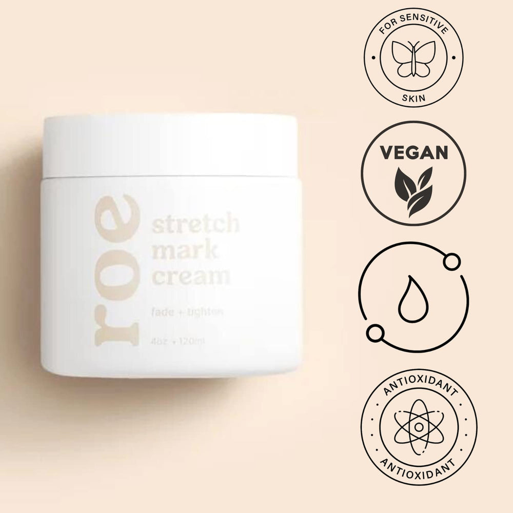 Roe Wellness Stretch Mark Cream natural oils blend provides plant-based nourishment for skin.