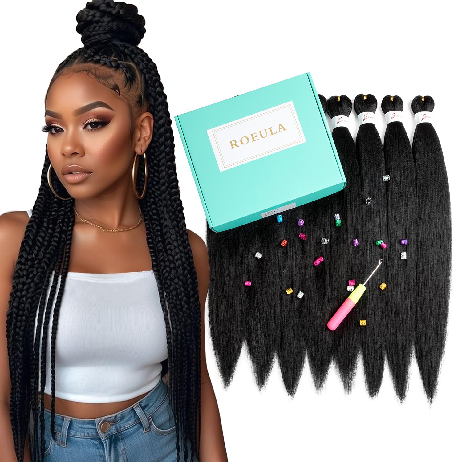 Roeula pre-stretched braiding hair front view shows ready-to-wear 20-inch extensions for quick styling.