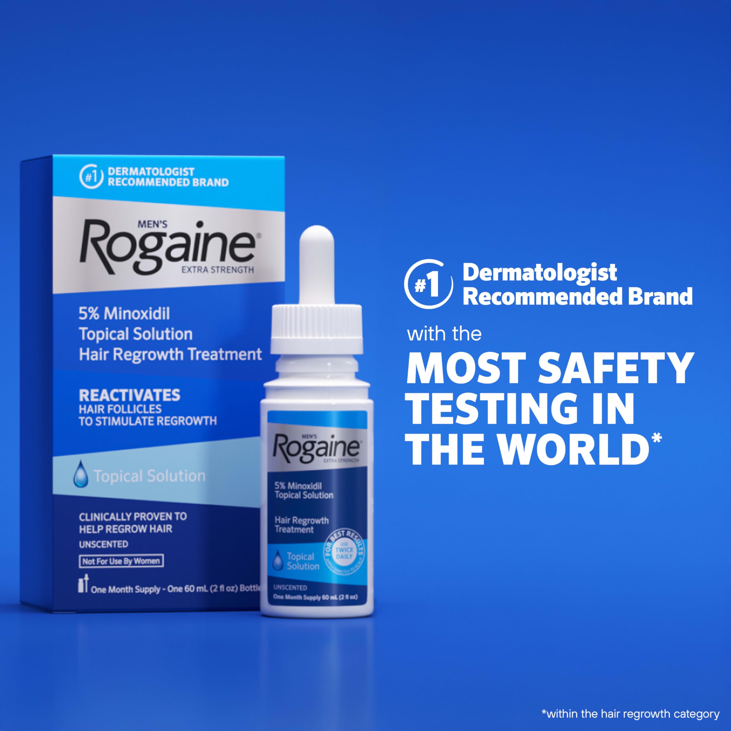 Rogaine on bathroom shelf among grooming items demonstrating routine-friendly use