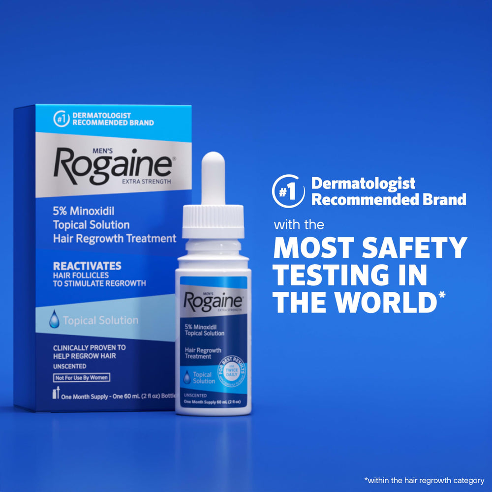 Rogaine on bathroom shelf among grooming items demonstrating routine-friendly use