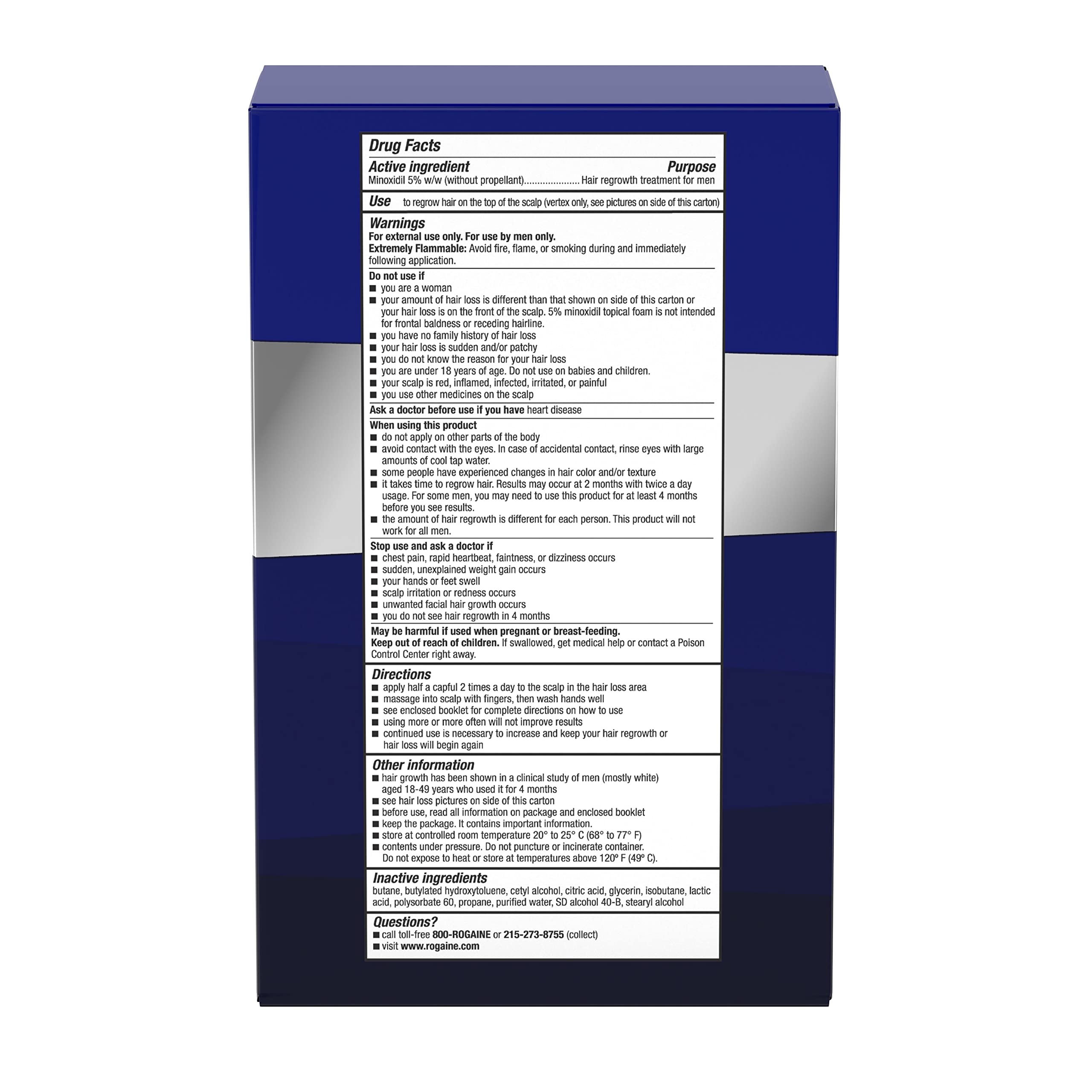 Rogaine label notes dermatologist recommendation and 5% minoxidil strength.