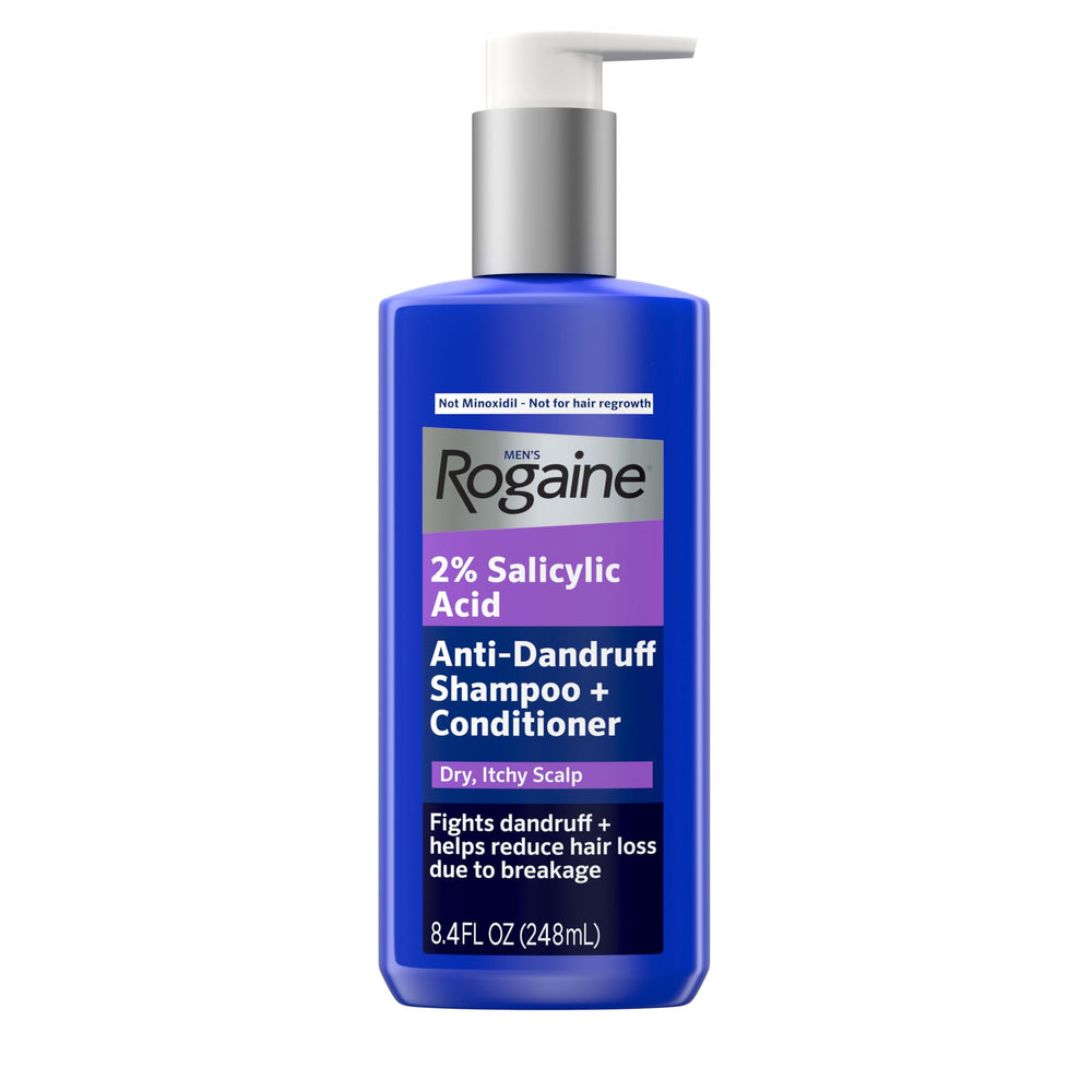 Rogaine front packaging showing 8.4 fl oz bottle and clear product benefit
